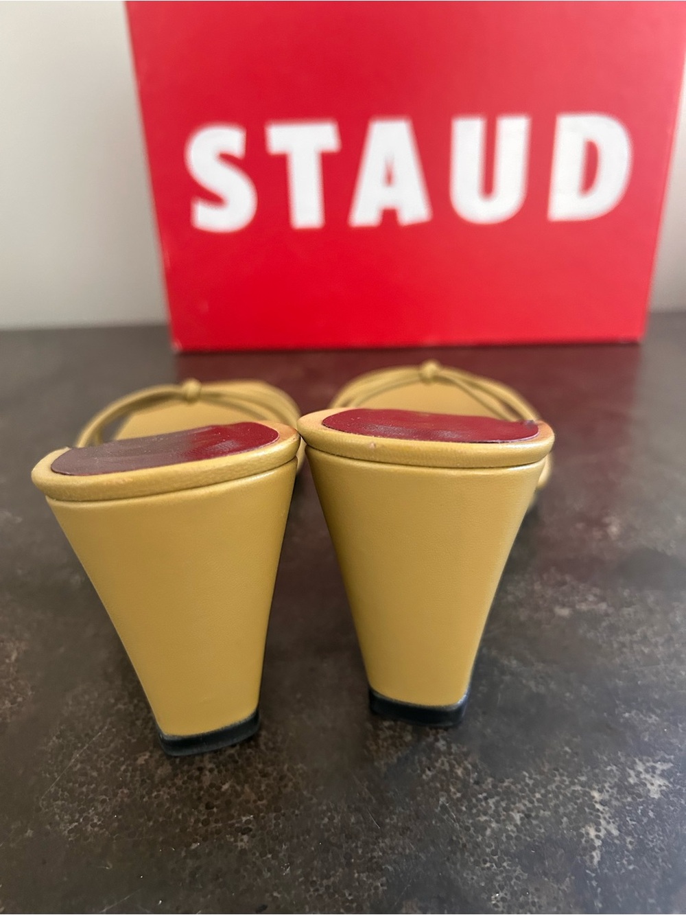 STAUD Yellow Knotted Strappy Slide Heels with Burgundy Insole - Picture 3 of 10